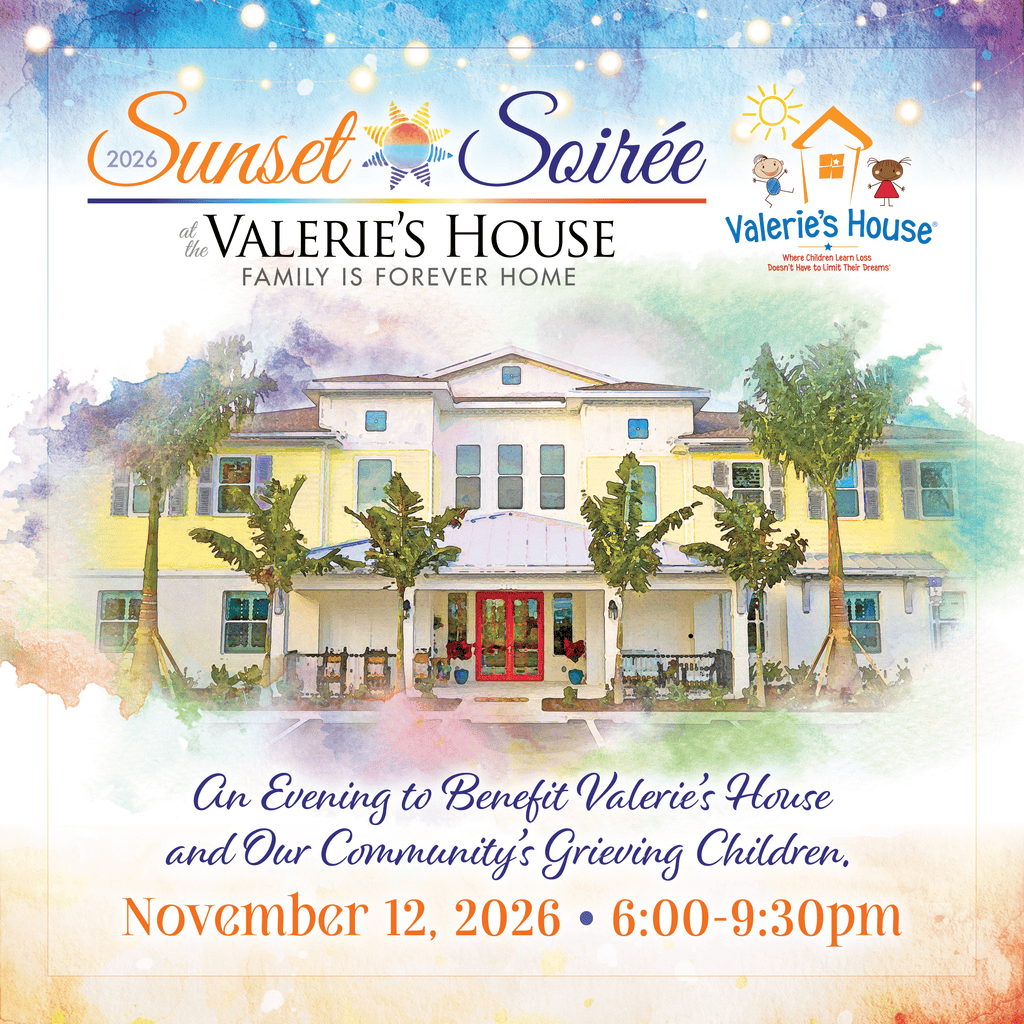 Valerie’s House Sunset Soirée 2026 event graphic at the Fort Myers Family is Forever Home benefiting grieving children and families
