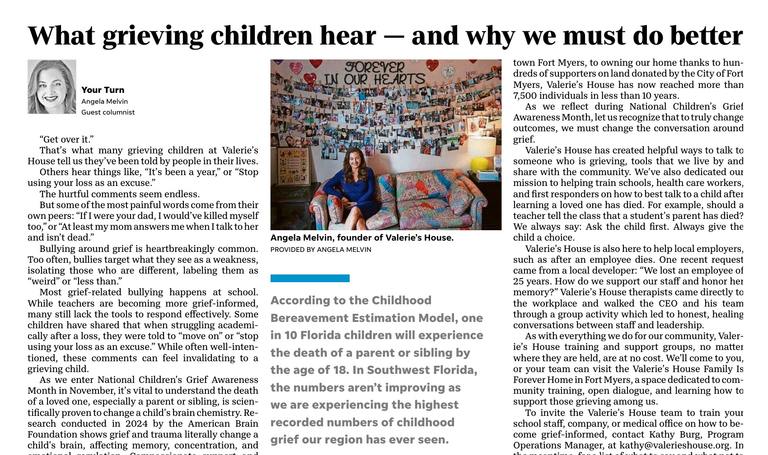 Angela Melvin Shares Childhood Grief Message in The News-Press